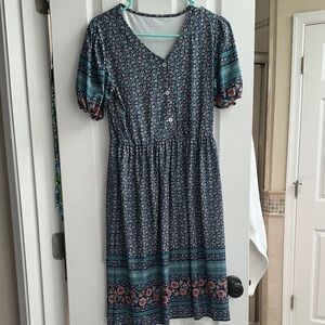 Women’s Teal Floral V-Neck Button Front Dress
